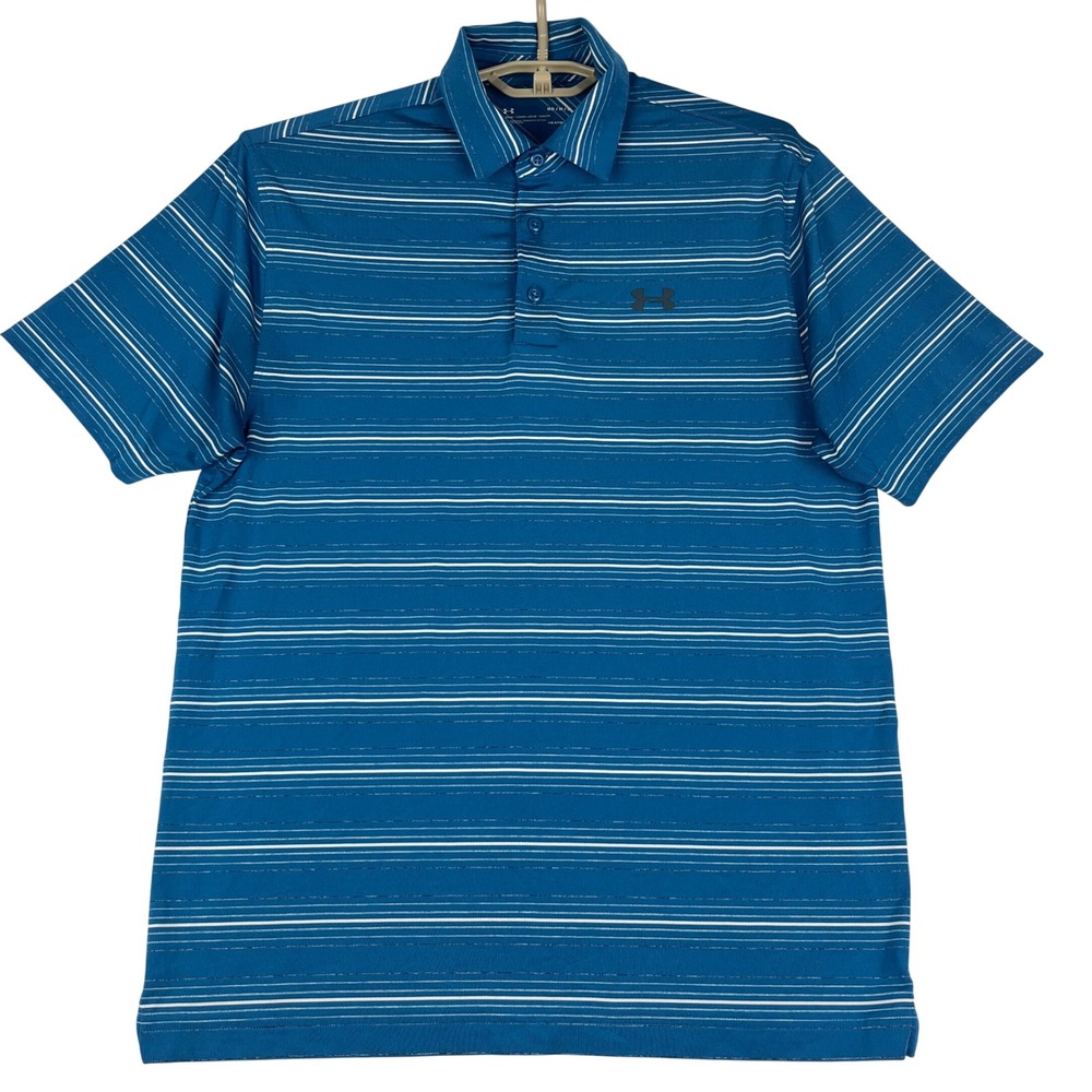 Under‎ Armour Polo Shirt Mens Medium (MD) Blue White Striped HeatGear Loose Fit